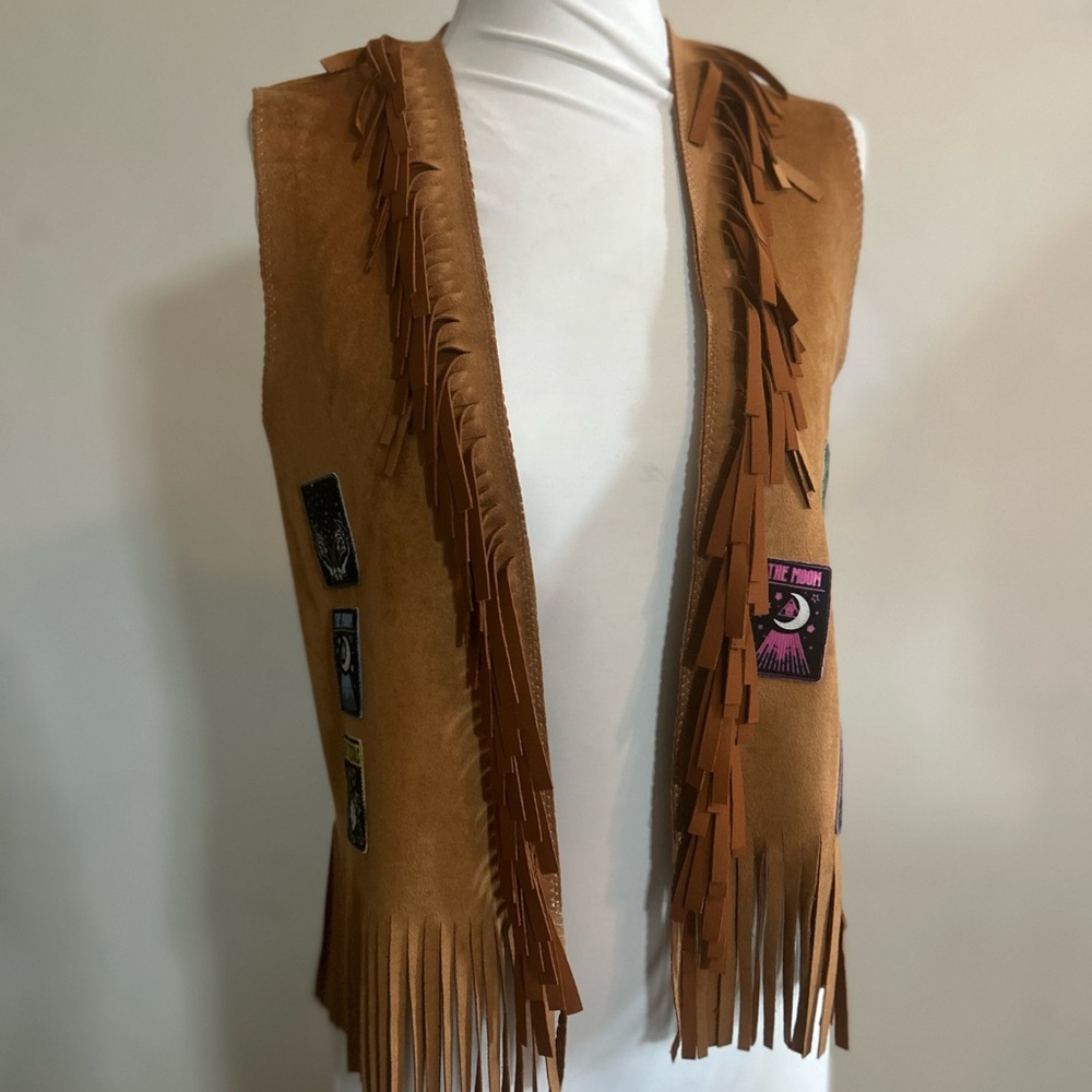 Fringed Brown Suede Vest with Patches
